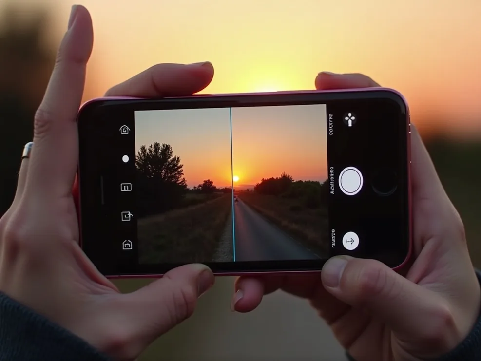 Close-up of smartphone screen showing before and after photo comparison of sunset image with fingers