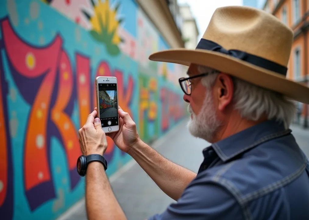 Elderly man in straw hat photographing colorful street art mural with smartphone in urban setting