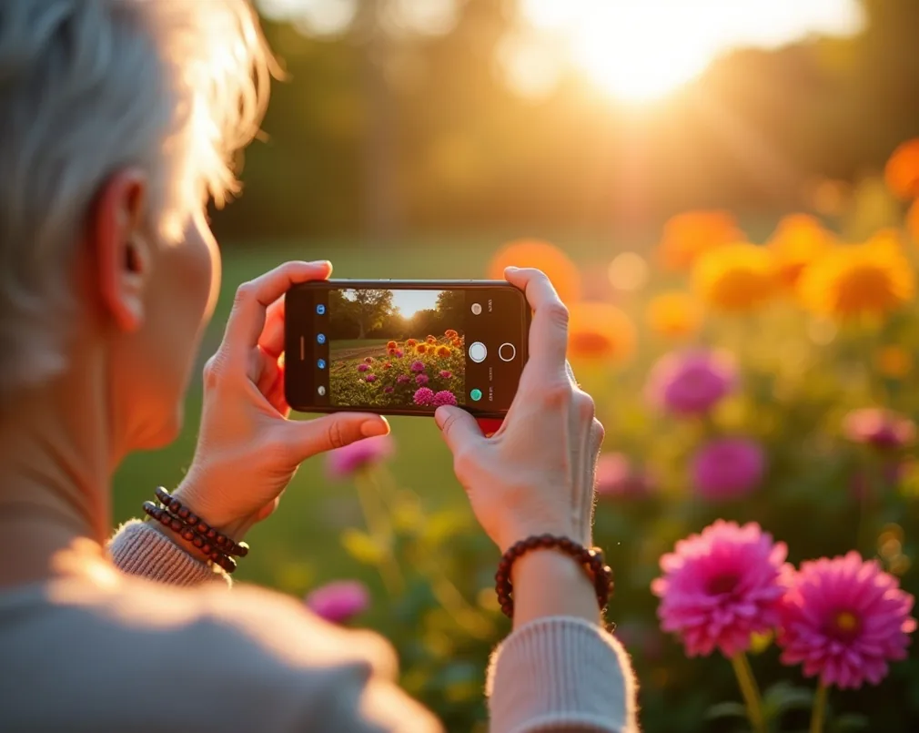Elderly woman with silver hair holding smartphone horizontally photographing vibrant flower garden