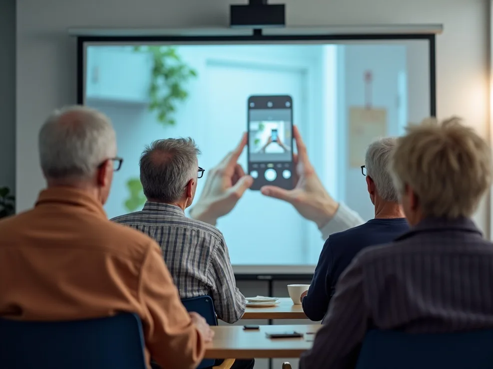 Group of four senior adults sitting in bright classroom looking at large screen showing smartphone photography tips