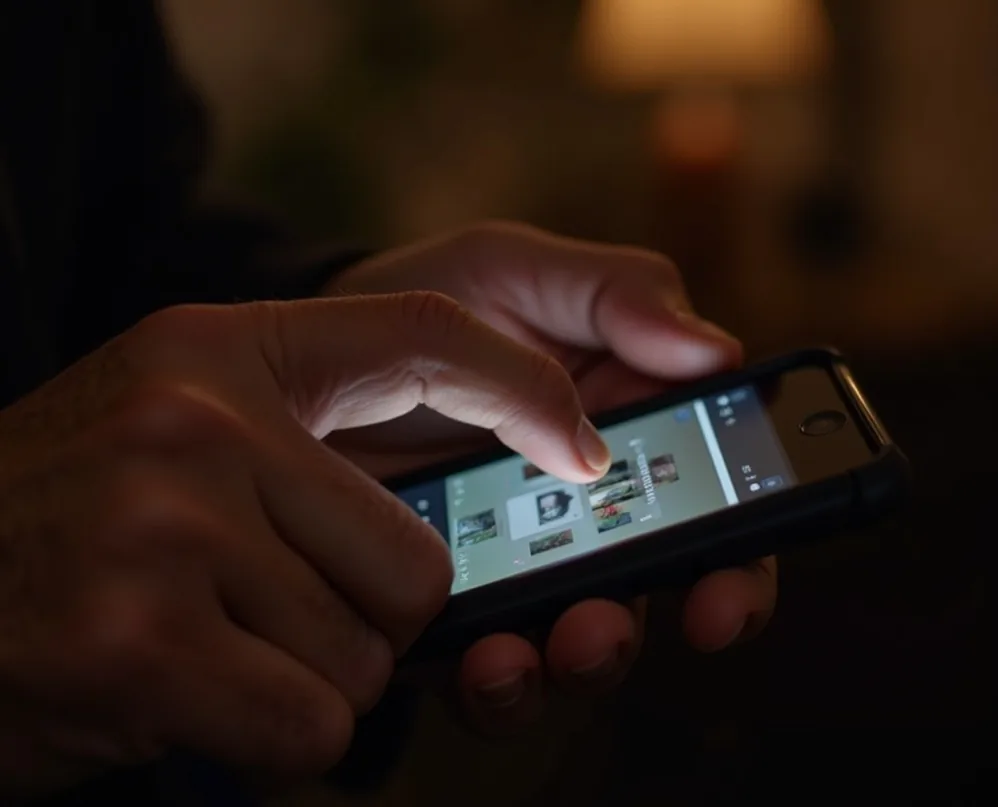 Hands of older person tapping brightness slider on smartphone photo editor screen glowing display