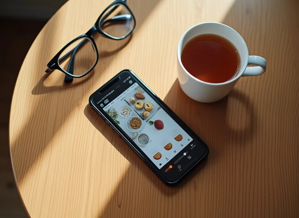 Overhead flat lay of smartphone displaying photo editing app next to cup of tea and reading glasses