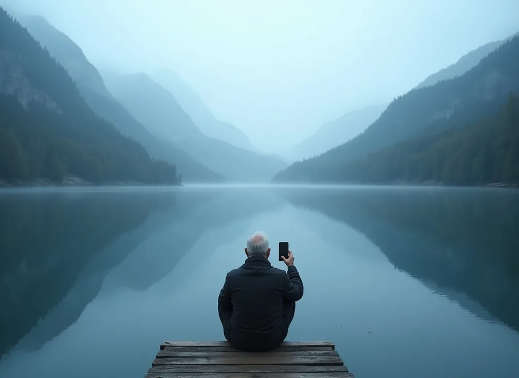 Senior man sitting on wooden dock at misty lake holding phone to capture reflection