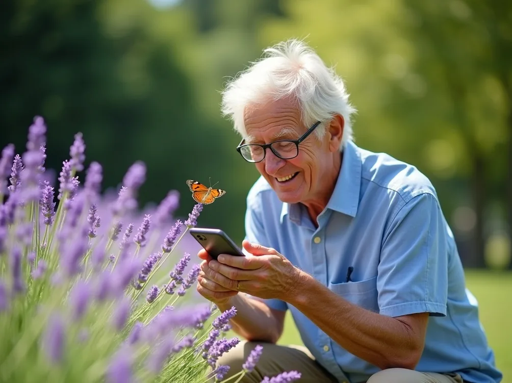 Senior man with glasses crouching to photograph butterfly on lavender bush with phone