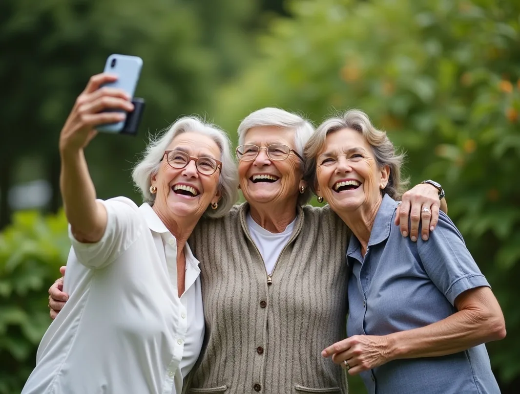 Three senior friends laughing while taking group selfie with smartphone on stick at botanical garden